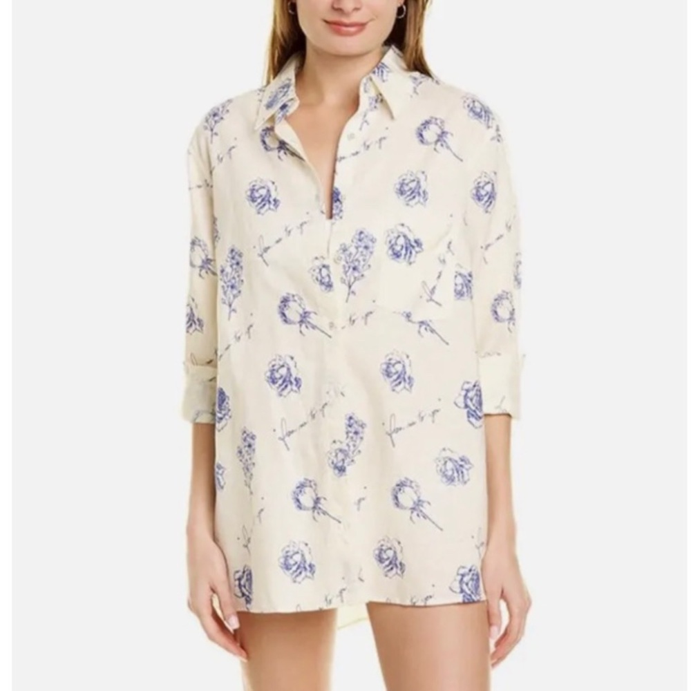 WEWOREWHAT Long Sleeve Linen Blend Floral Dad Shirt Size Small